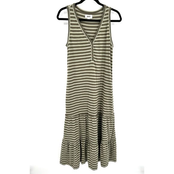 PACT Green Striped 100% Organic Cotton Tiered Boho Sleeveless Midi Dress Medium - Picture 2 of 8